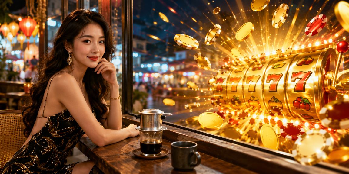 Người chơi tại Nha Trang xem hướng dẫn slot game qua điện thoại trong quán cà phê